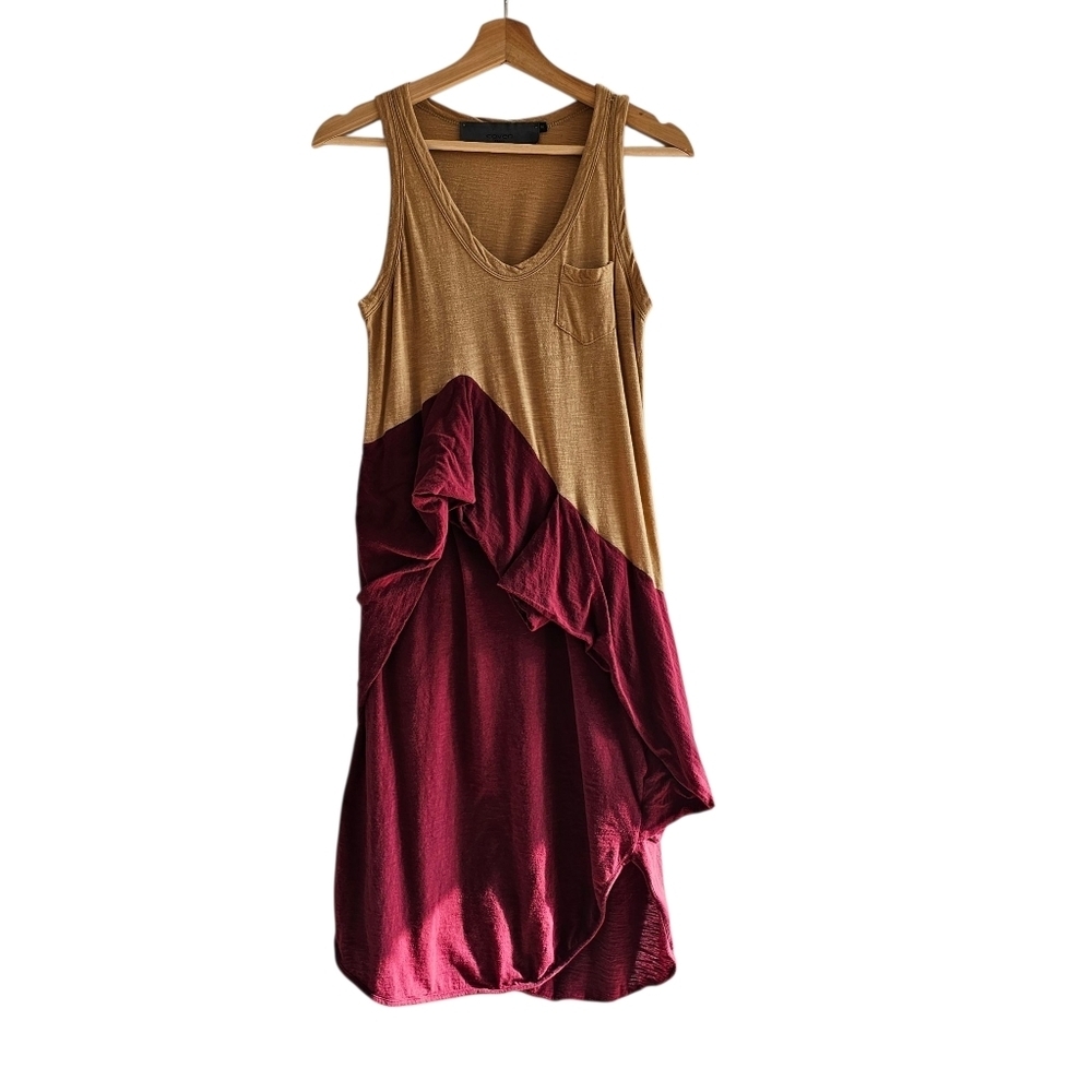 COVEN Brasil Color Block Draped Asymmetric Hem Midi Dress, Tan Burgundy , Size S